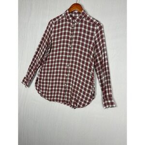 LOFT Button Down Women Small Red Plaid Long Sleeve Rayon Classic Preppy Shirt